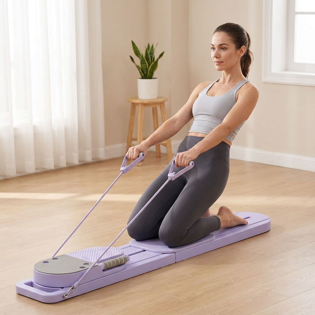 Frau trainiert kniend am Selegance Pilates Board mit Widerstandsbändern