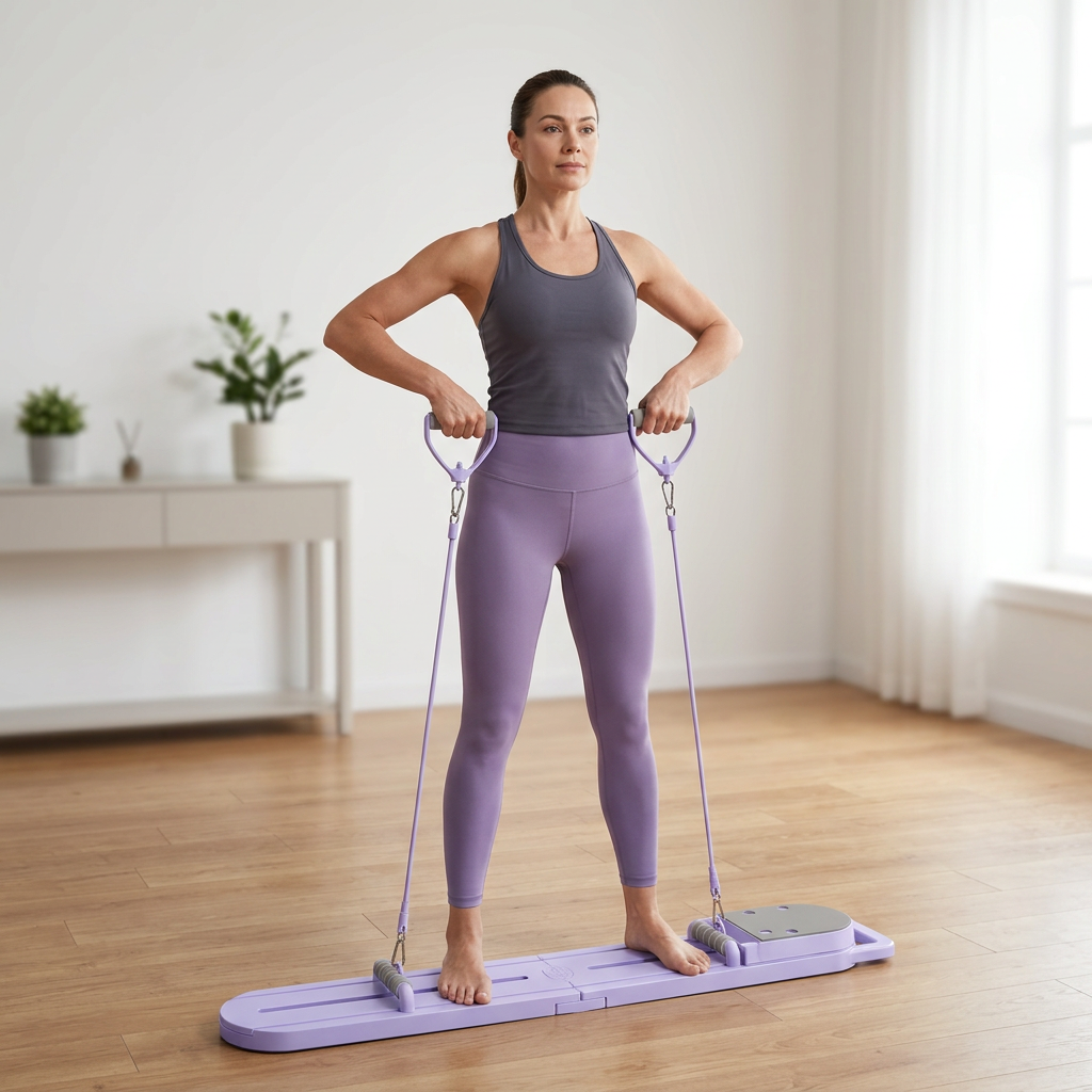Frau steht mit den Widerstandsbändern am Selegance Pilates Board