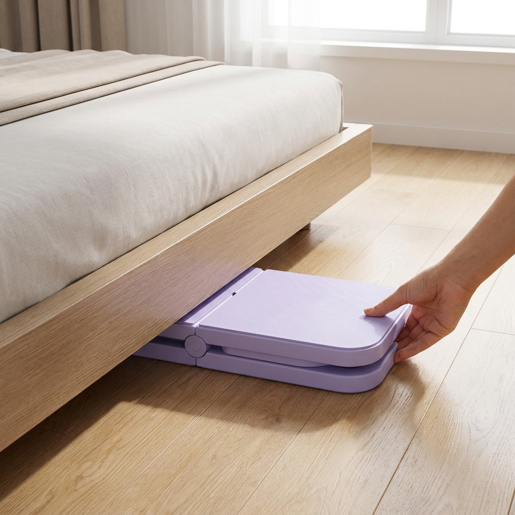 Zusammengeklapptes Selegance Pilates Board wird unters Bett verstaut